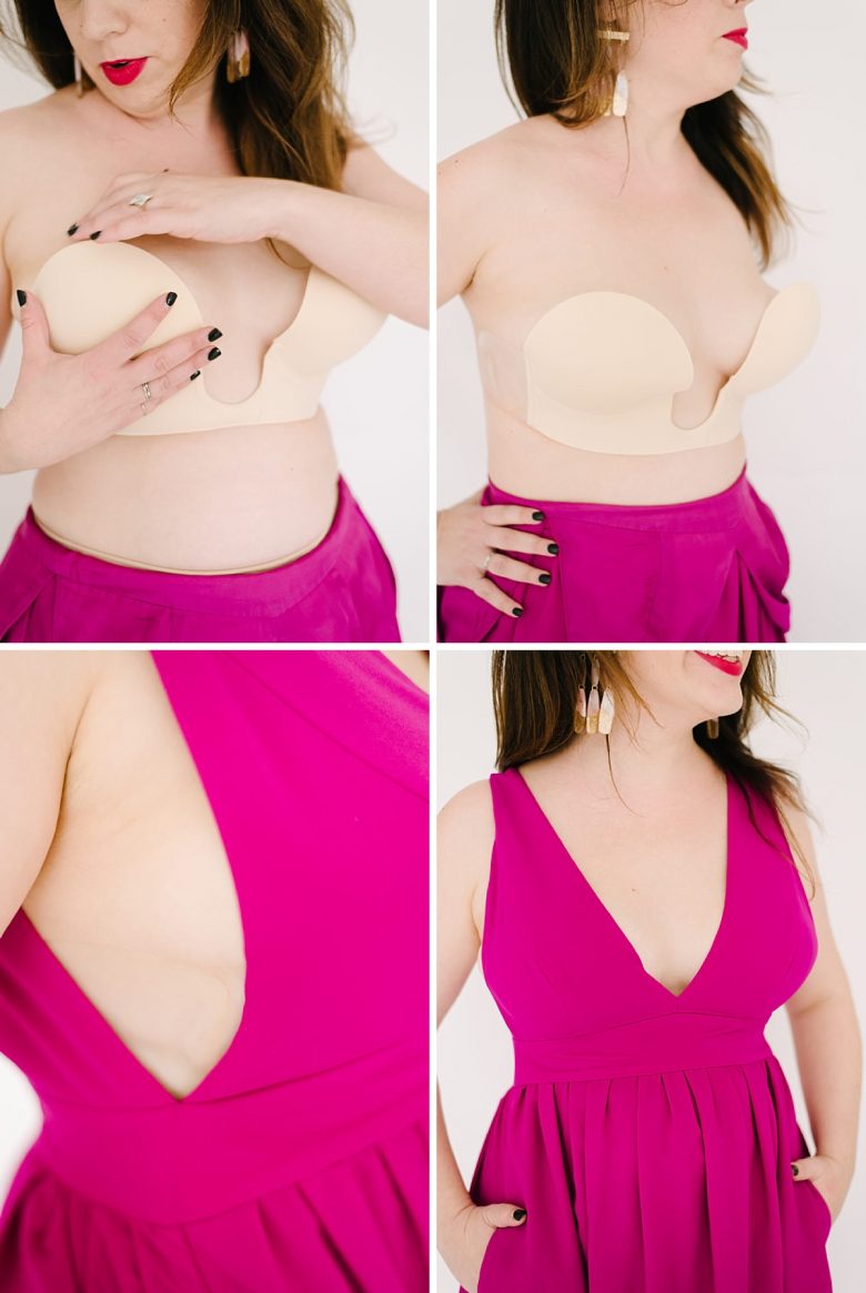 collage of Strapless stick on bra failing under pink dress