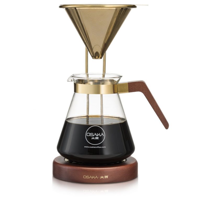 free standing gold pour over coffee brewer