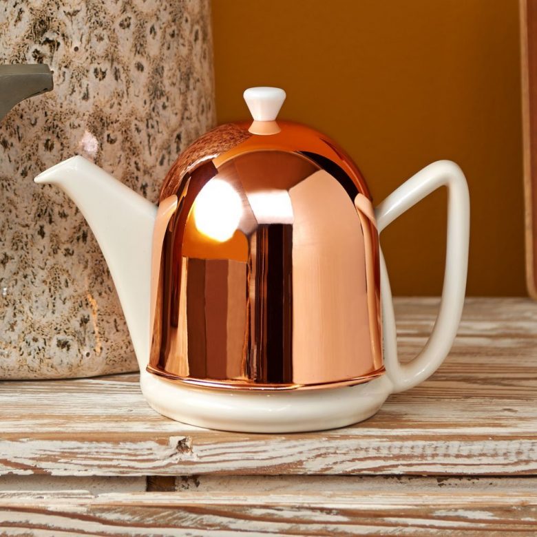 rose gold and white ceramic teapot