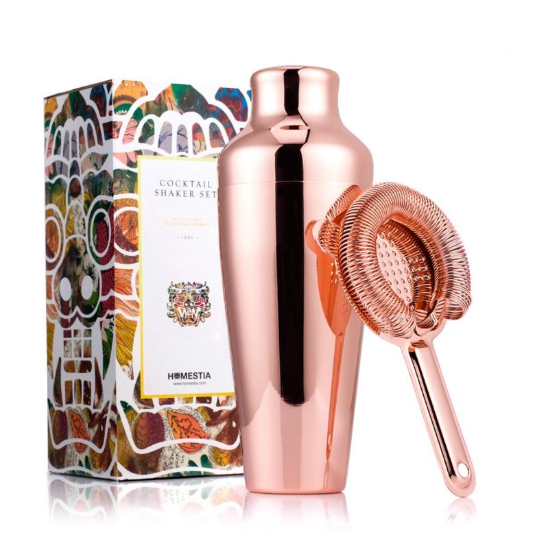 rose gold cocktail shaker and strainer