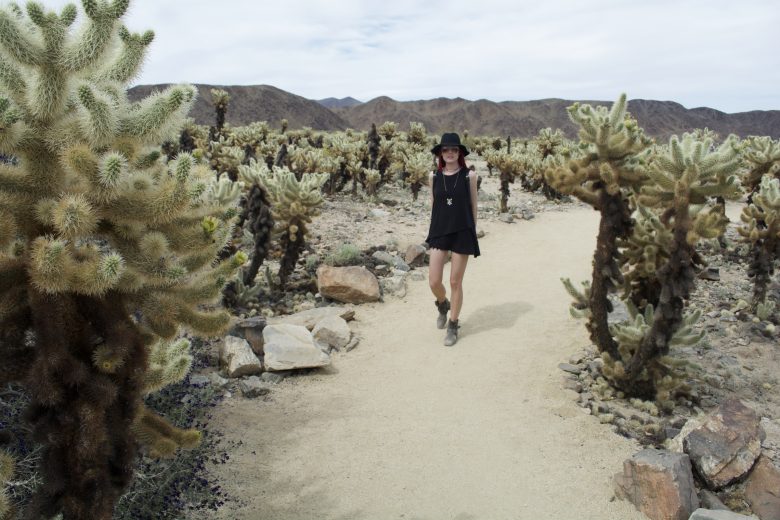 Girl in black dress walking through desert with cacti