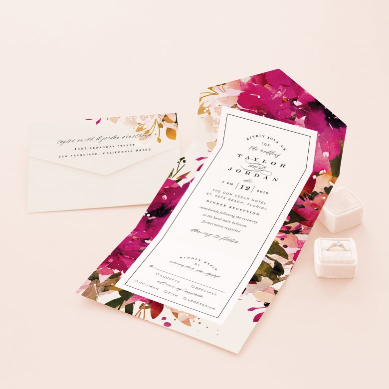 pink floral all-in-one invite with engagement ring in box
