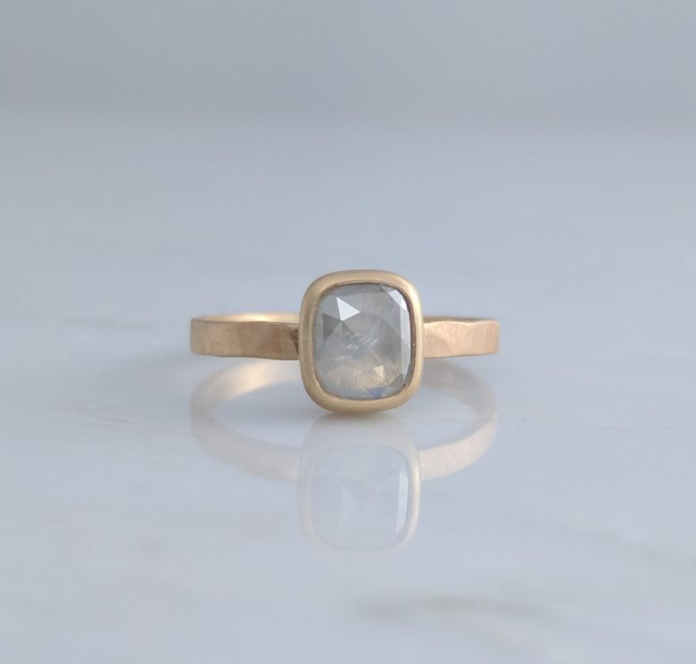 Grey Cushion Rose Cut Ring with Hammered Band in 14K Yellow Gold
