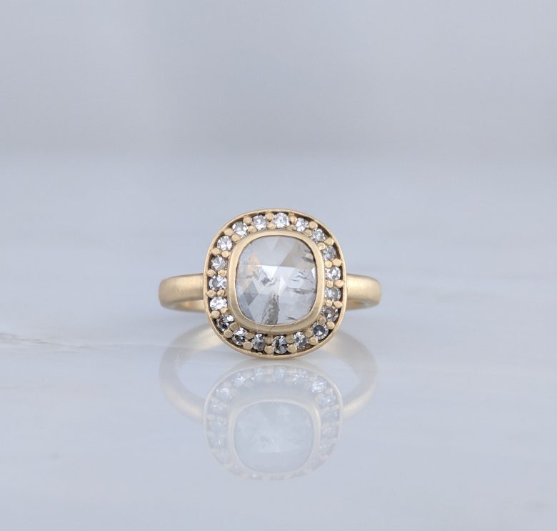Translucent Rose Cut Diamond Halo Ring in 14K Yellow Gold