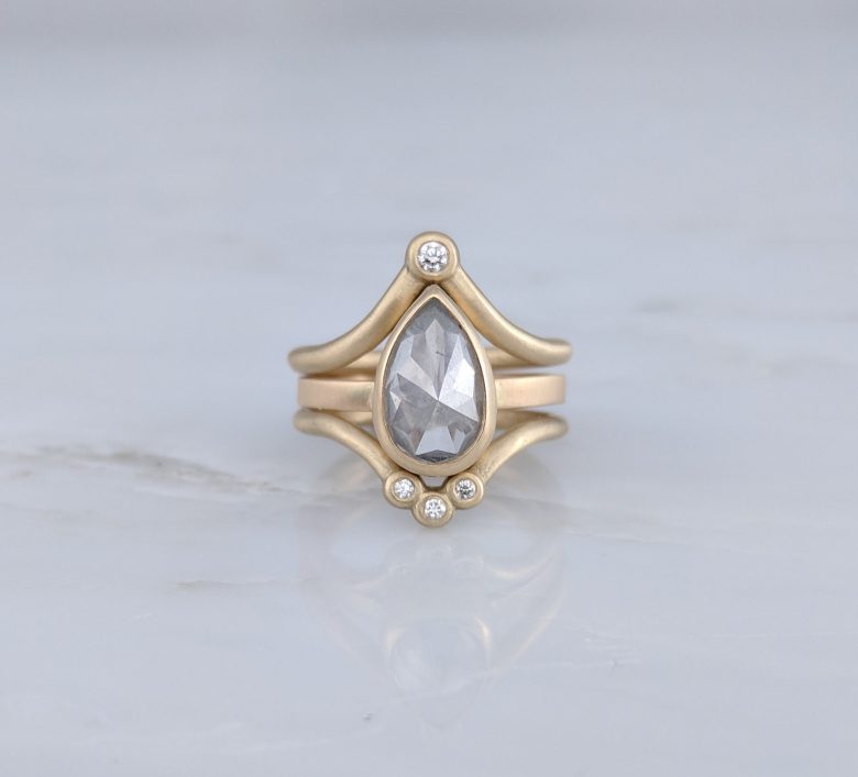 Pear Cut Grey Diamond Ring in 14K Yellow Gold