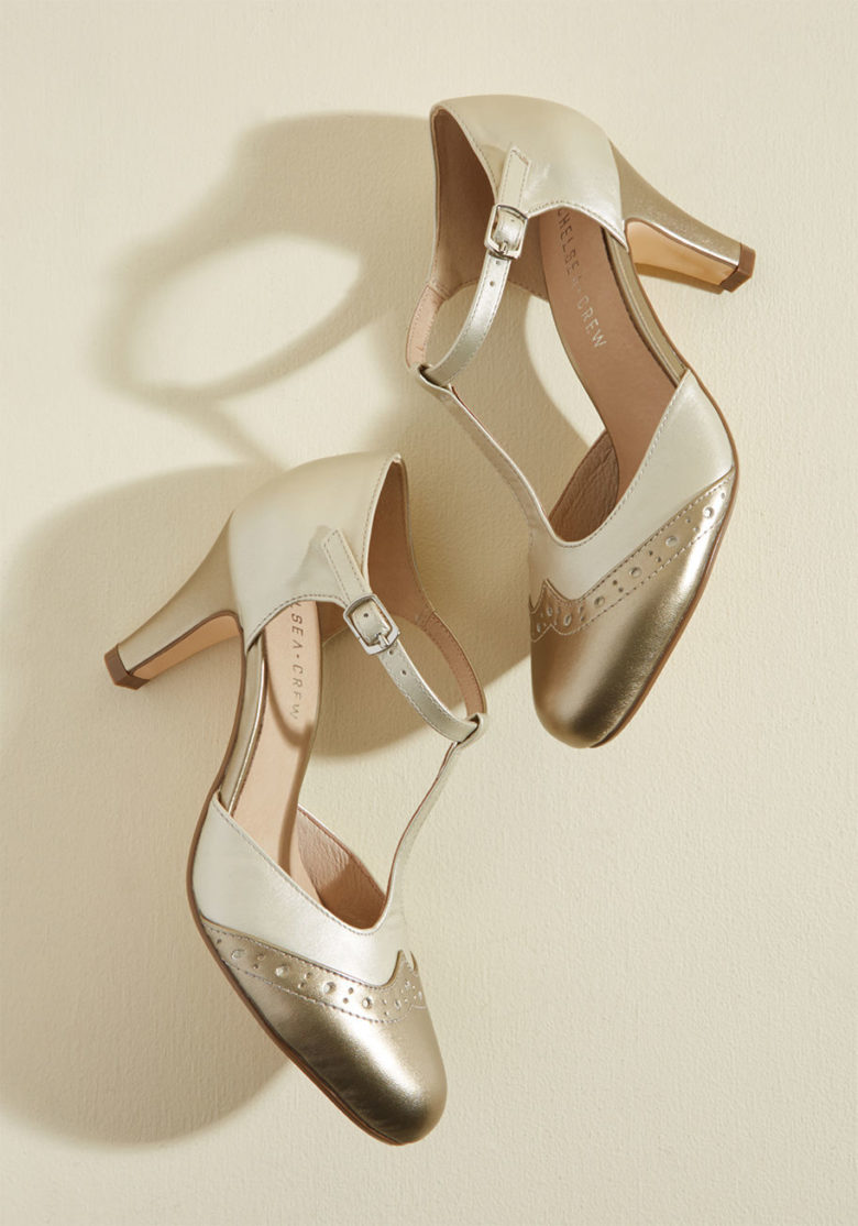 gold and white t-strap wedding shoes with a mid heel