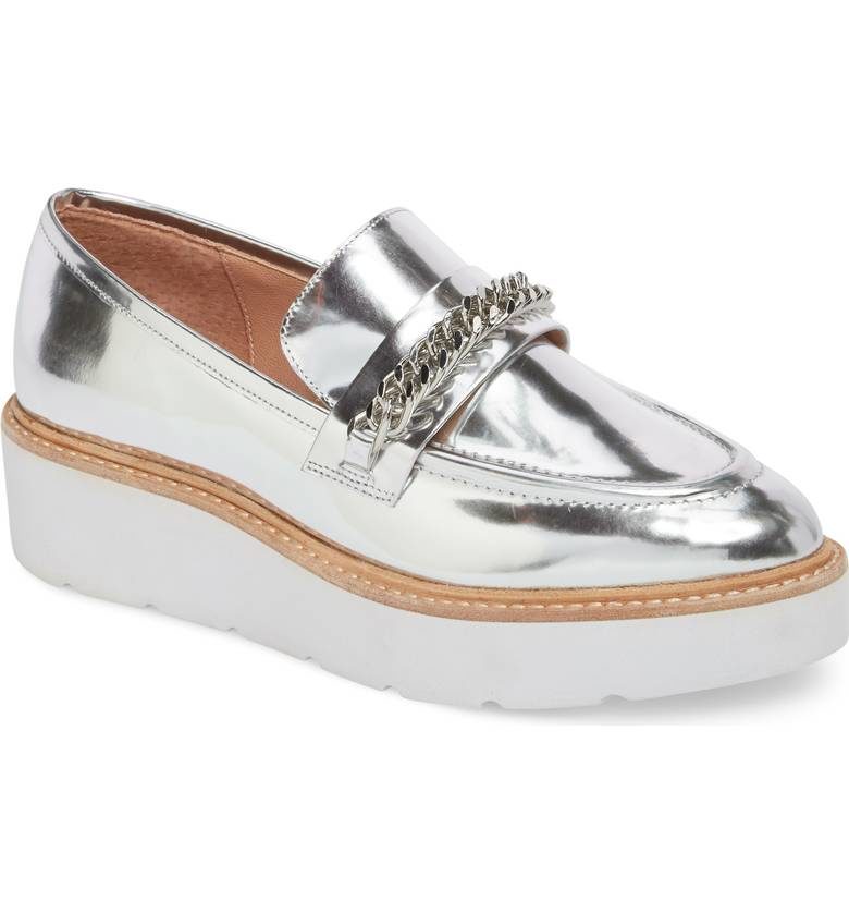 shiny silver platform loafer