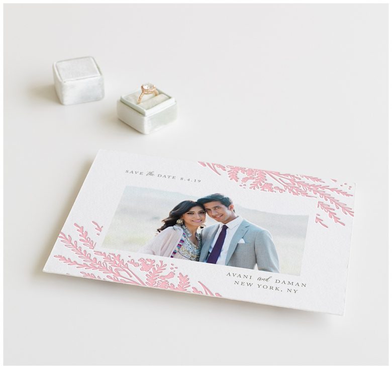 pink and white save the date card