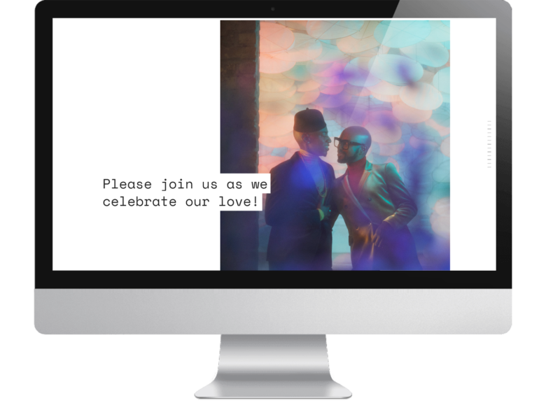 screenshot of new squarespace wedding website template Vow featuring heavily bokeh'd portrait of gay black couple and text that says "please join us as we celebrate our love"