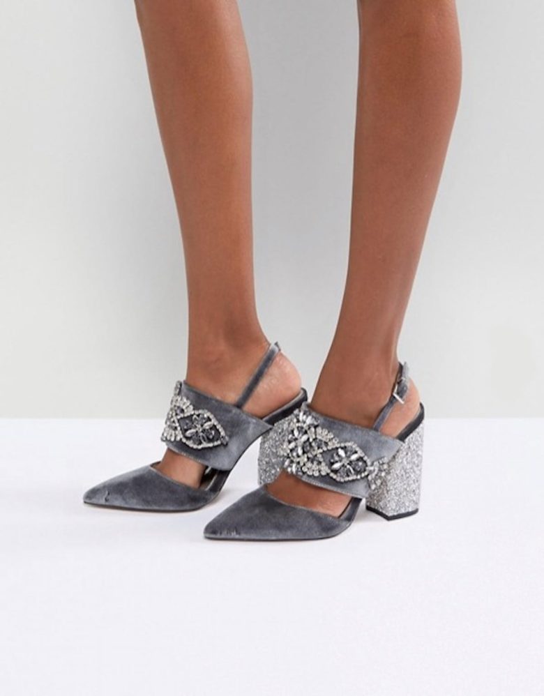 grey bejeweled heels