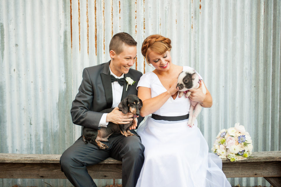 lgbtq couple in tux and wedding gown sitting on bench with a dachshund and a piglet in a photo by You Are Raven