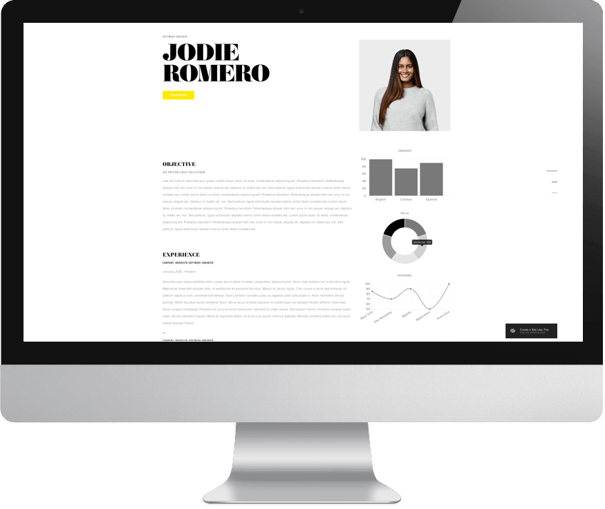 iMac with Squarespace portfolio website for Jodie Romero with headshot and analytics graphs on screen