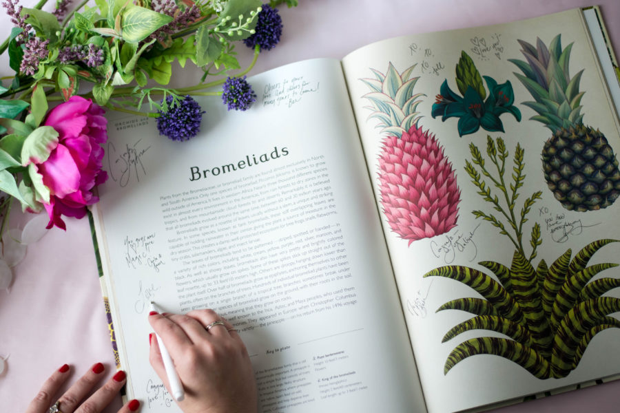 A person signing a book with tropical plants