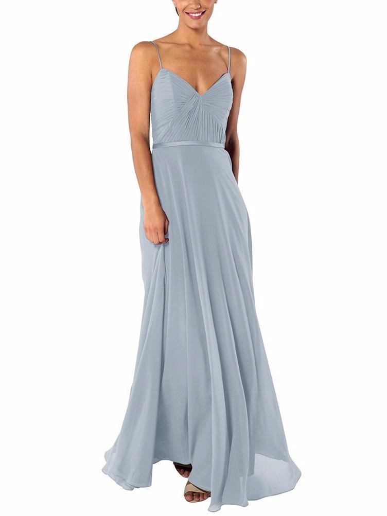 blue-grey floor-length gown with spaghetti straps