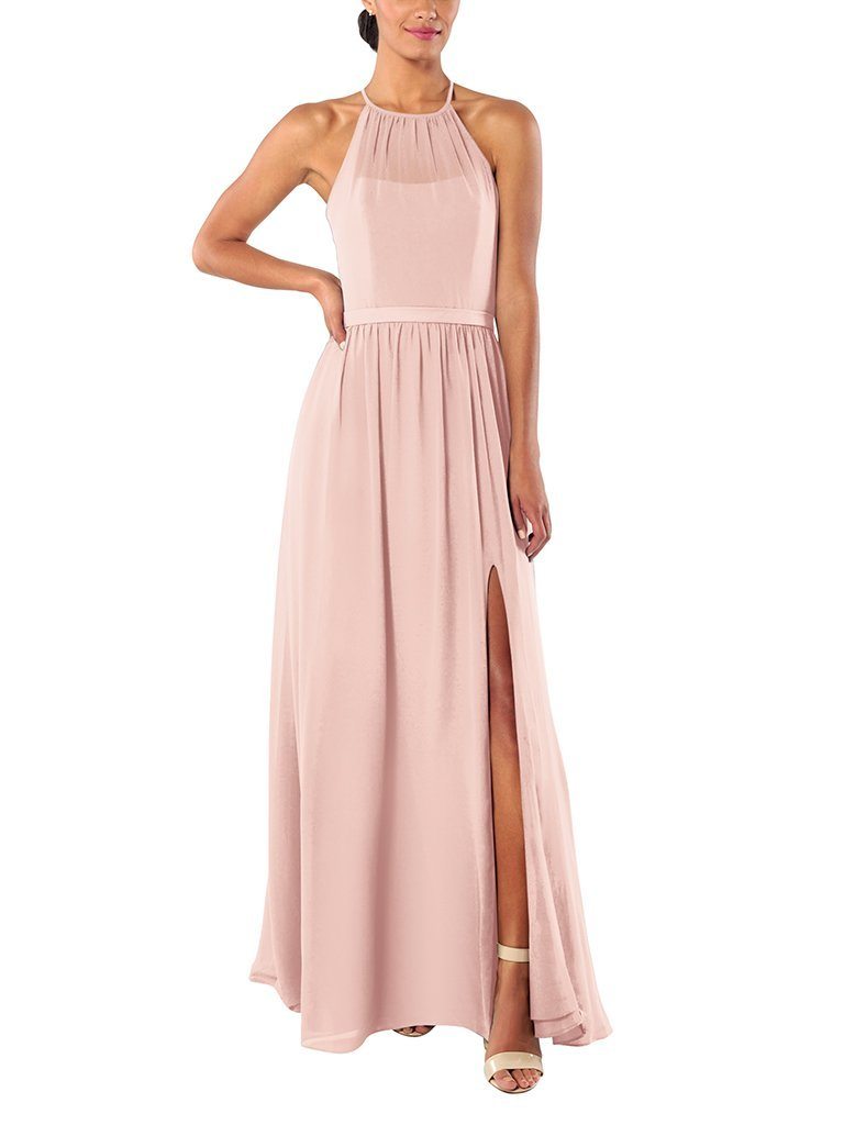 light pink halter neck full-length gown with above-knee front slit and sheer neckline