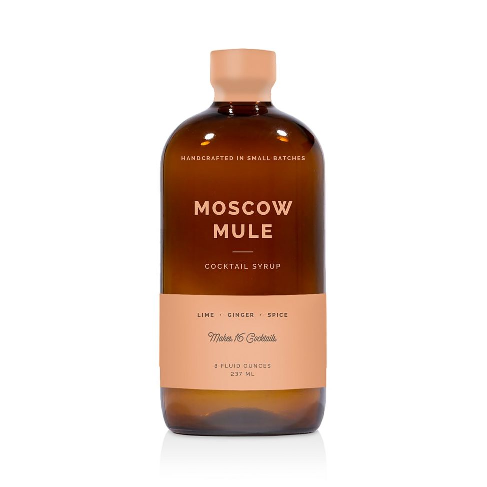 Bottle of Moscow Mule cocktail syrup on white