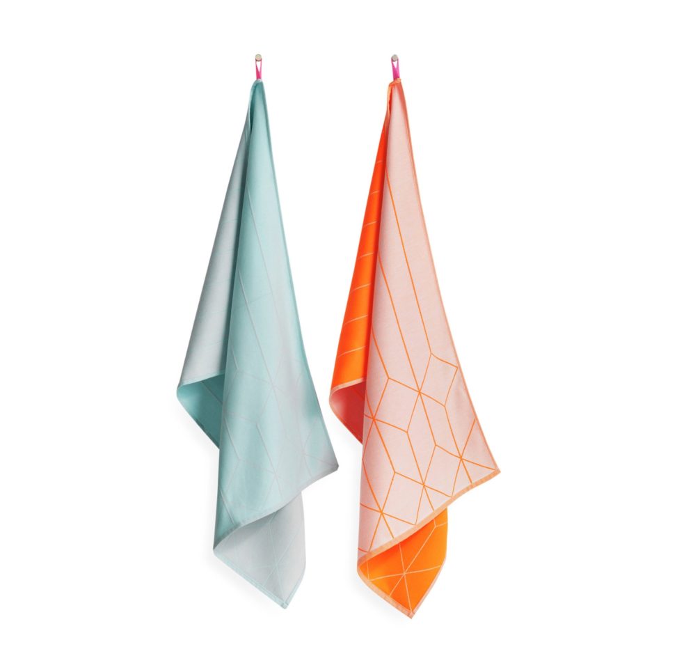 Two teal and orange colored hanging tea towels