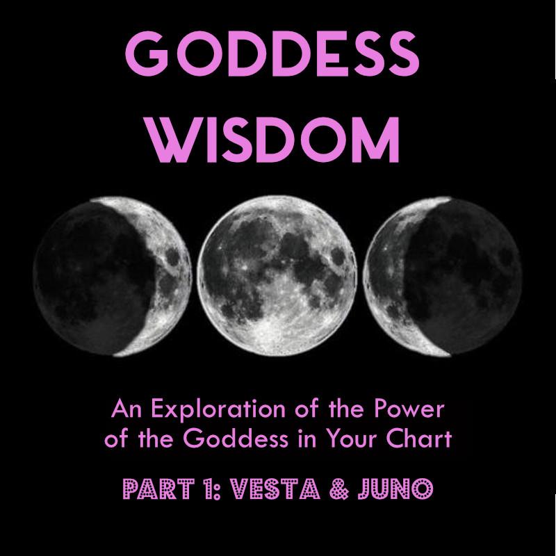 Promotional image featuring moon phases and the words “Goddess Wisdom: An Exploration of the Power of the Goddess in your chart. Part 1: Vesta and Juno”