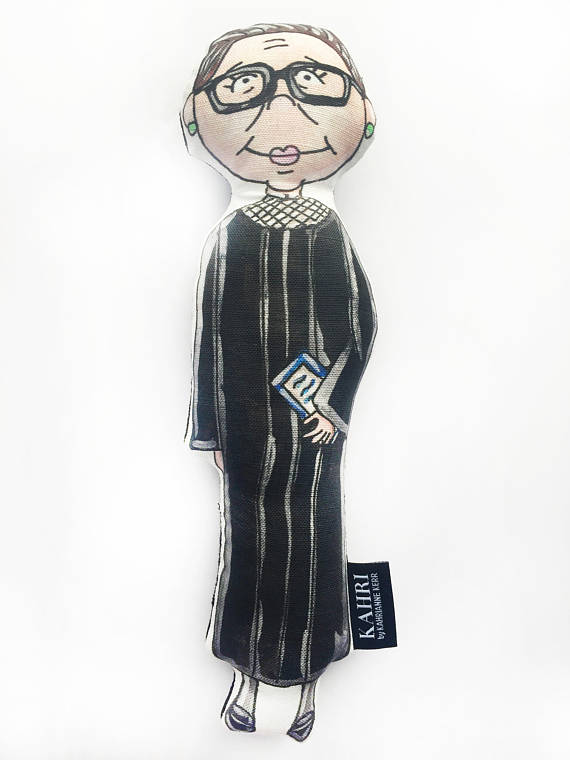 Handmade pillow doll with an illustration of Ruth Bader Ginsburg