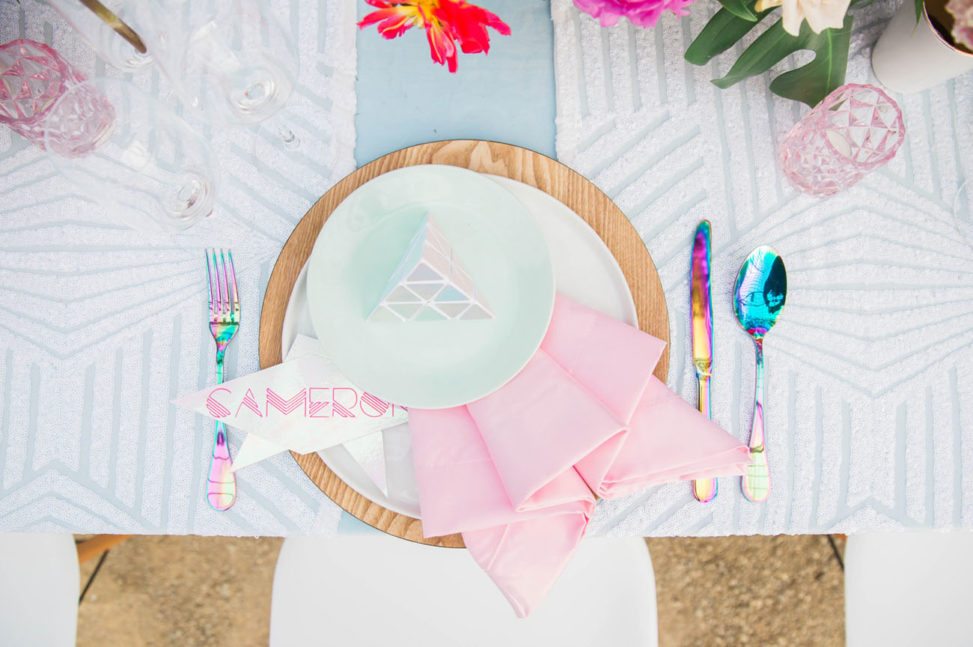 holographic and pastel 80s tablescape
