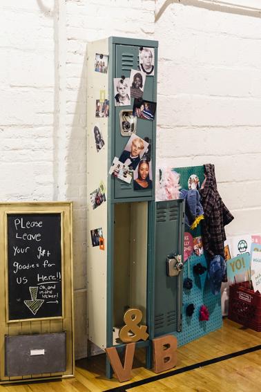 90s decorated lockers with school pictures of bride and groom