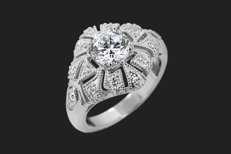 art deco inspired conflict-free diamond engagement ring