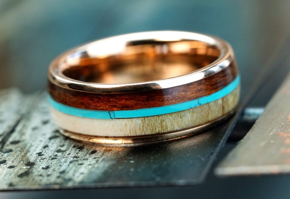 Manly Band wedding band with wood and torquoise