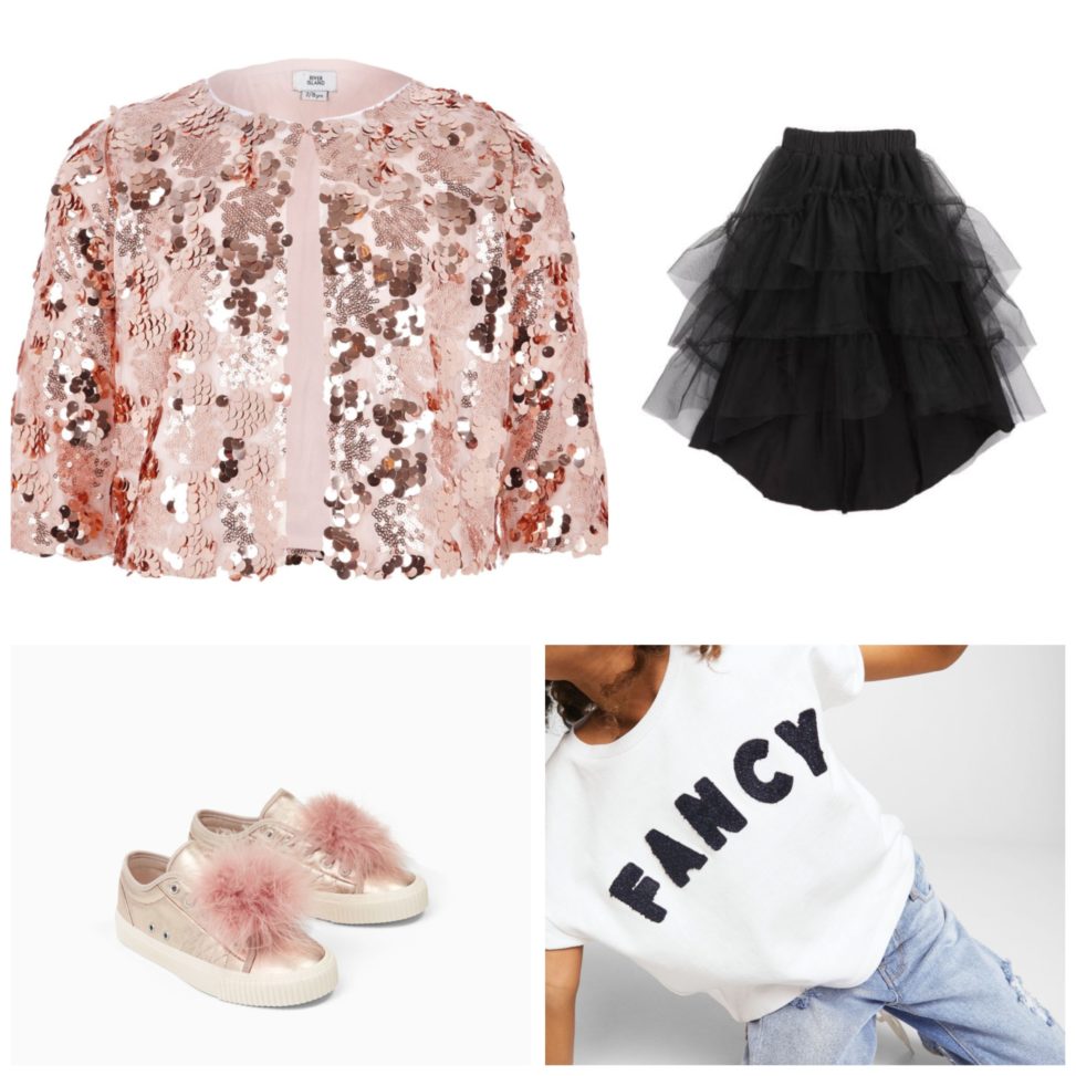 collection of clothes with pink sequin jacket and full-length black tutu skirt