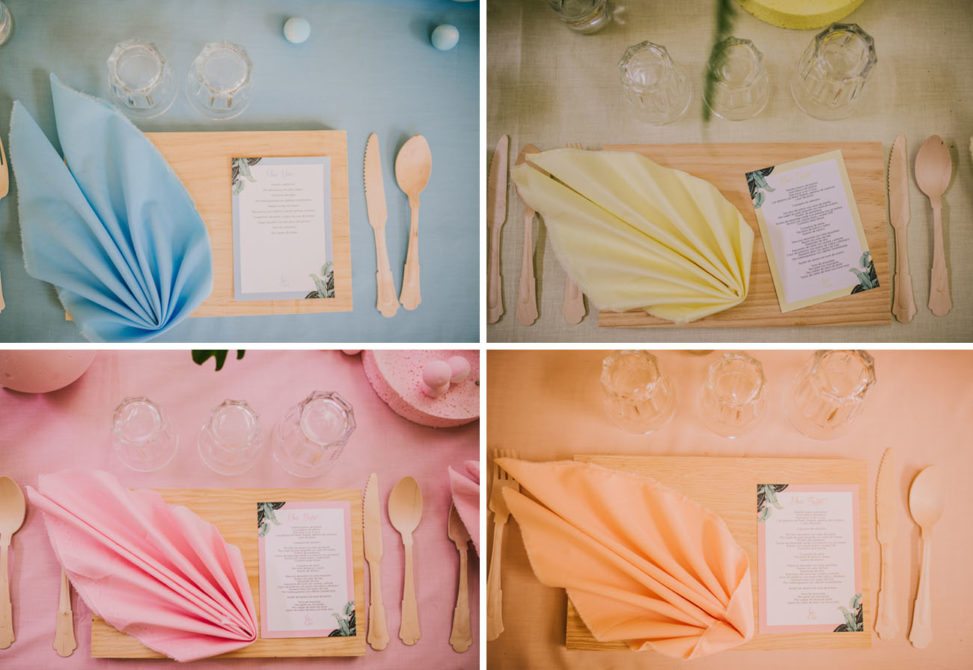 pink, yellow, blue, and orange pastel tablescape
