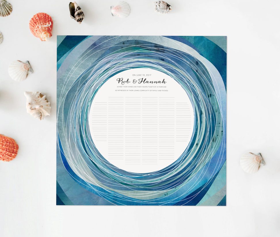 A blue circular marriage certificate for all in attendance at the couple's wedding to sign