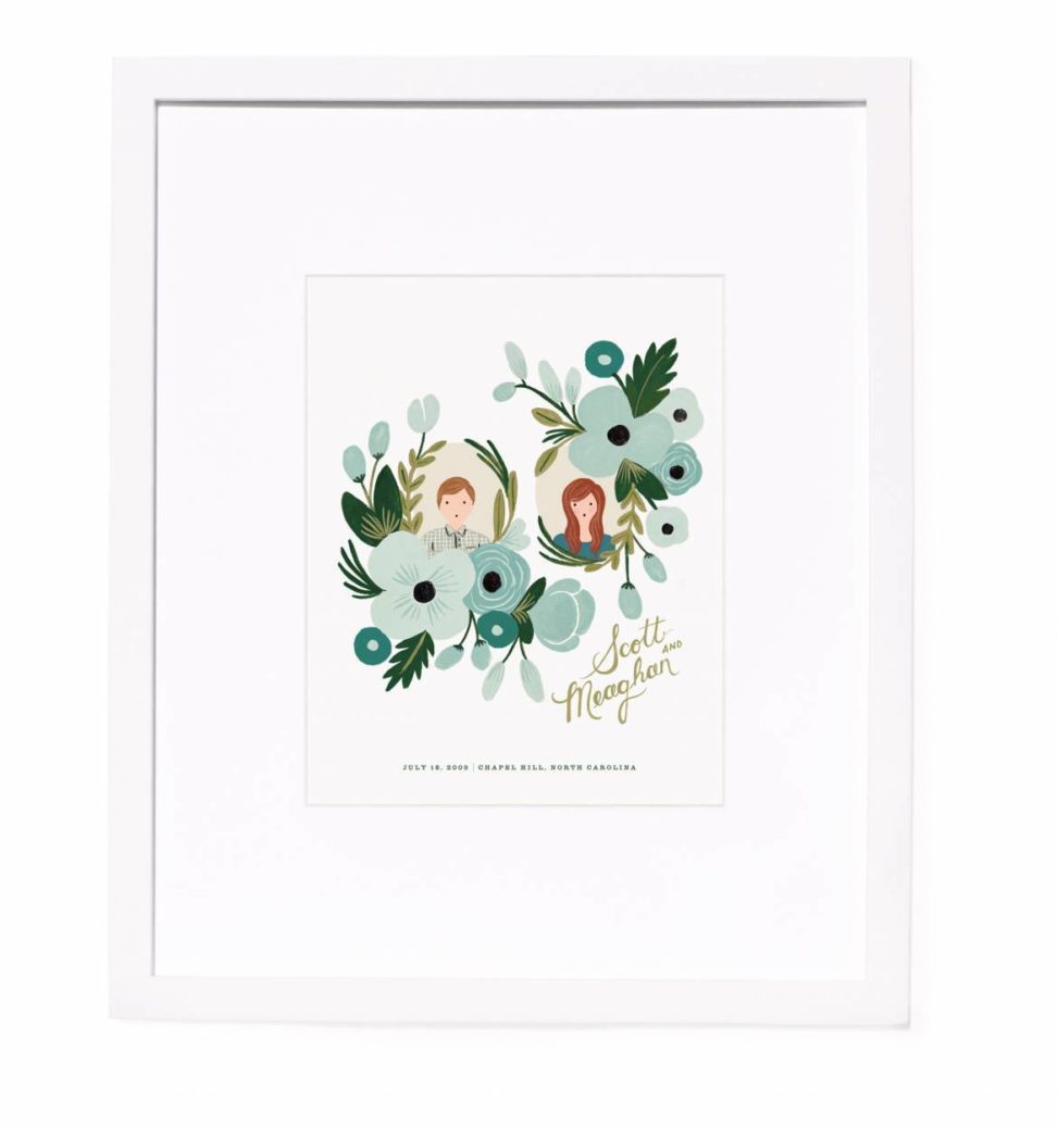 Illustration of couple with blue flowers in a frame