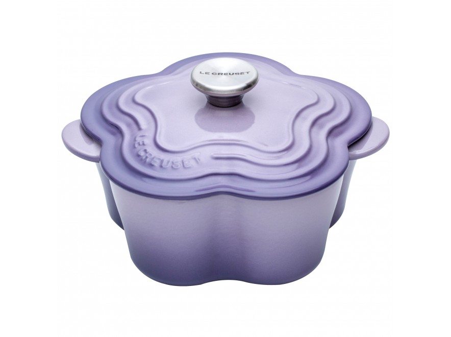 purple casserole dish that is flower shaped on white