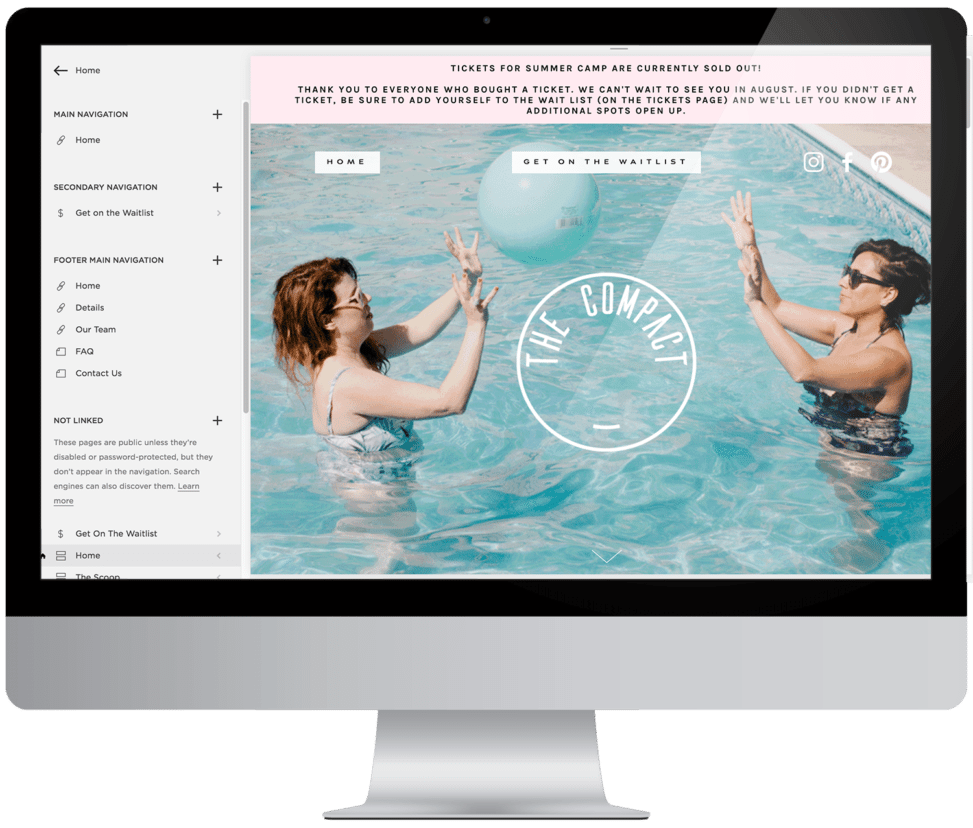 back end of a squarespace website build with a picture of two women tossing a ball in a pool