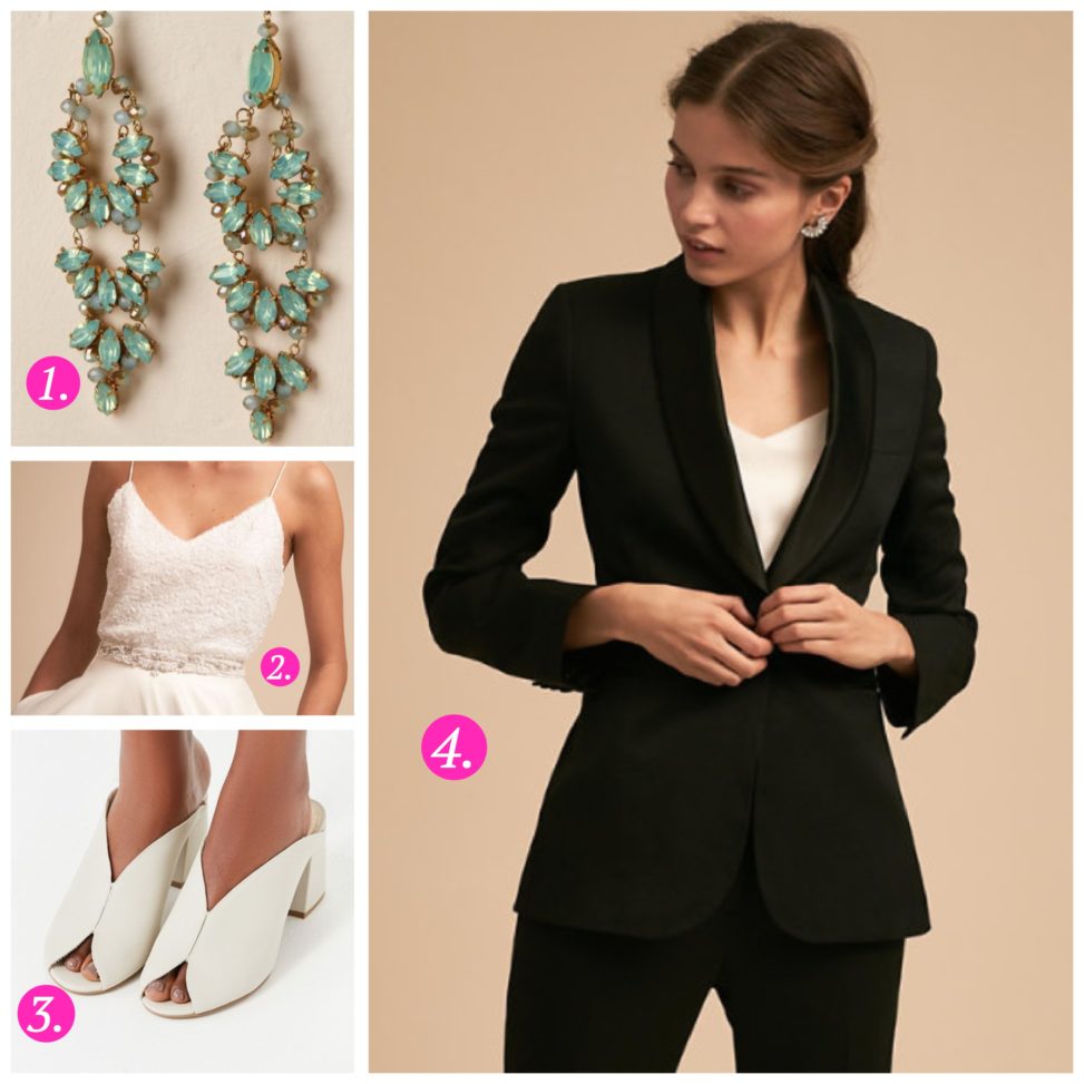 A collection of photos including earrings, a white dress, white shoes, and a woman in a black tuxedo