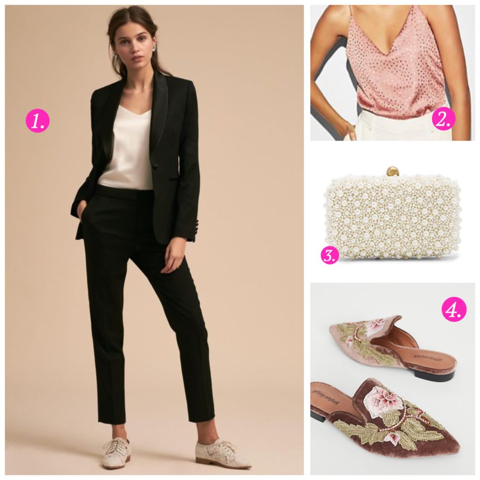 A collection of images including a woman in a black tuxedo, a coral colored top, a white clutch, and floral shoes