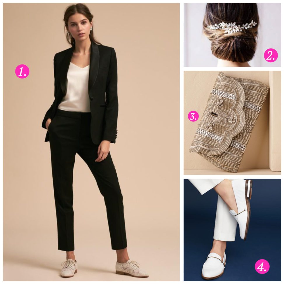 A collection of images including a woman in a black tuxedo, a comb, a woven clutch, and white shoes