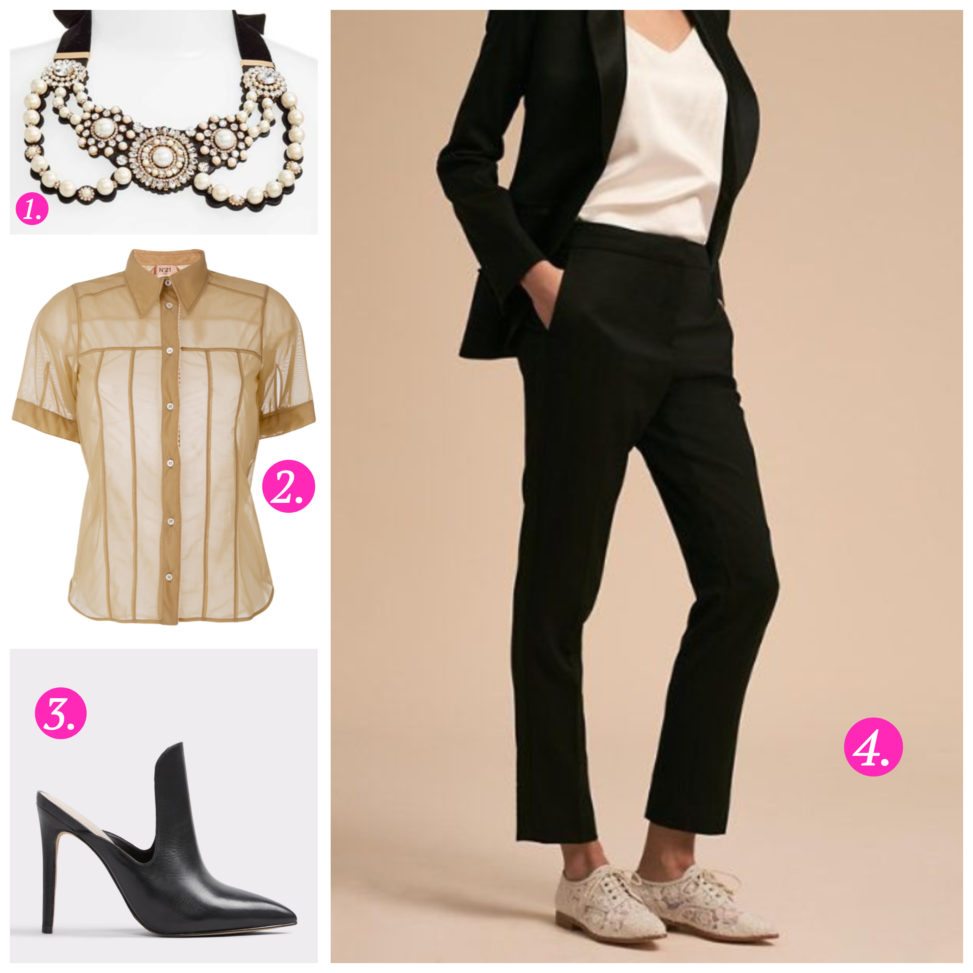 A collection of images including a necklace, a short sleeve button shirt, a black high heel, and 