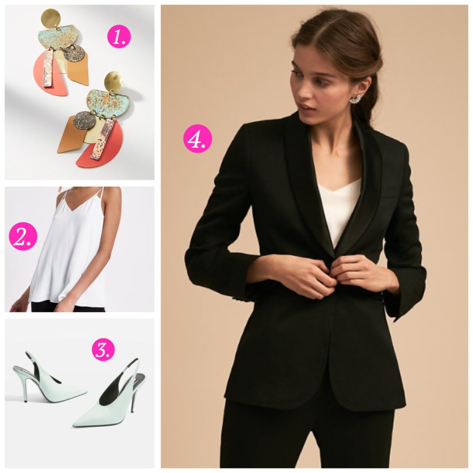 A collection of images including earrings, a white top, mint shoes and a woman in a black suit