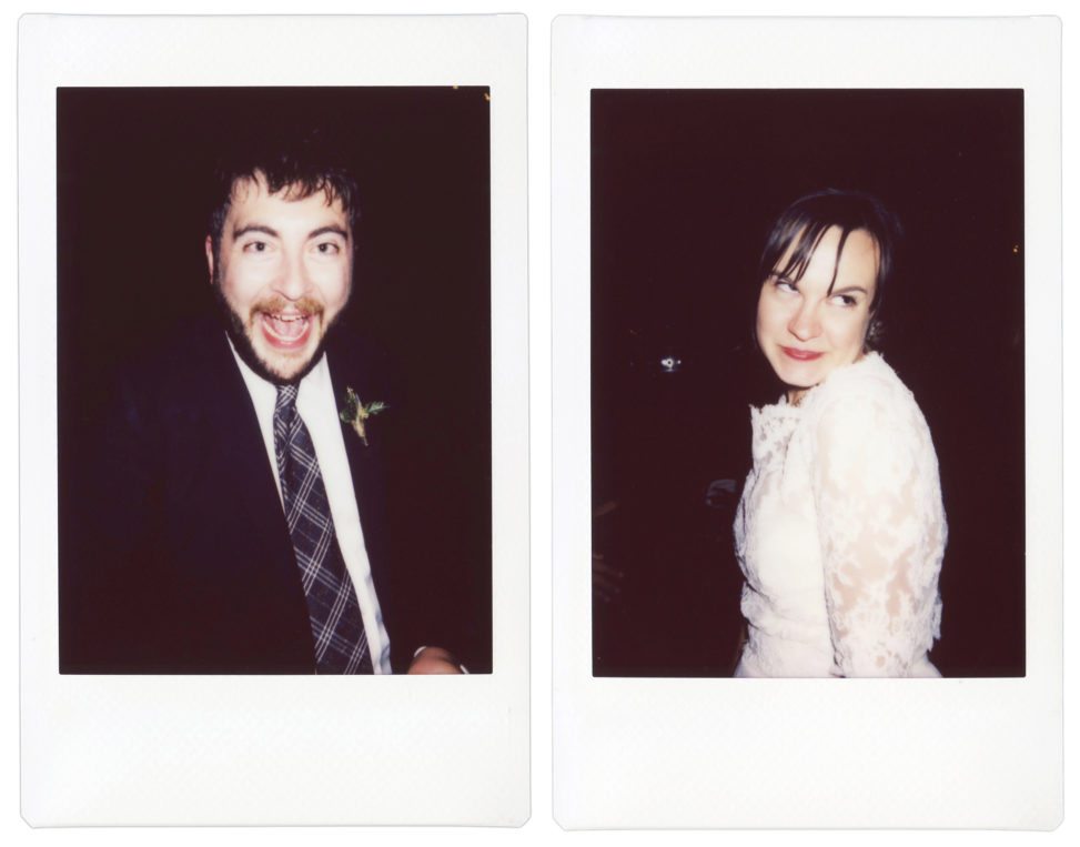 two polaroid shots side by side of a wedding couple