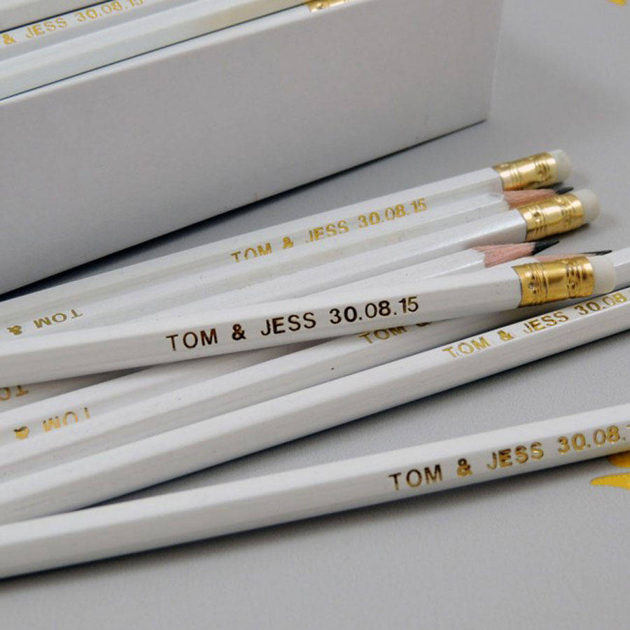 white and gold save the pencils with couples' name and wedding date