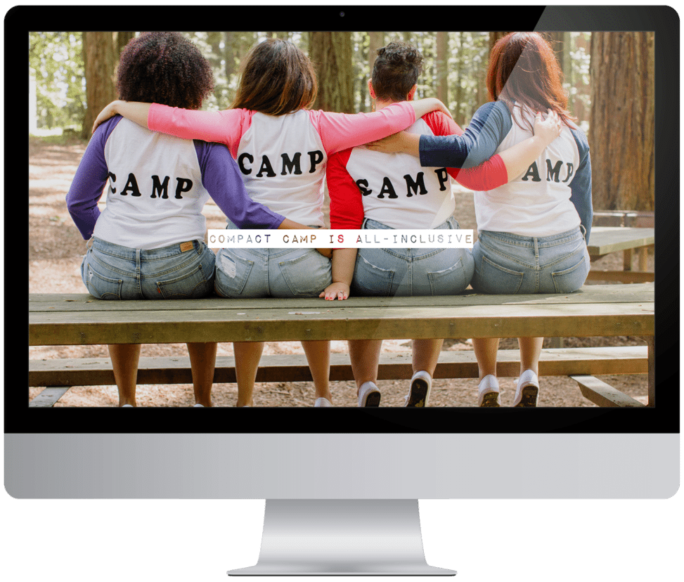 four women sit on a bench in a forest with the text "Compact Camp Is All-Inclusive" overlaid