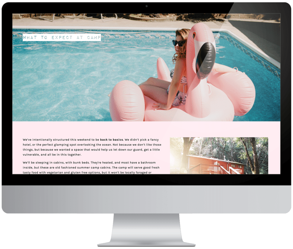 What to Expect at Camp webpage on The Compact: A woman sitting on a giant inflatable flamingo in a pool