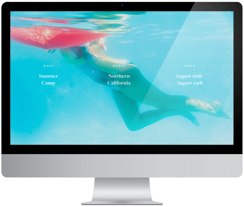 The Compact Summer Camp Announcement webpage with an image of A woman swimming in a pool in the background