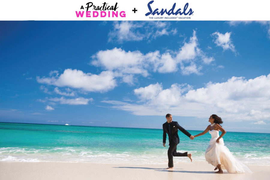 Couple on a sunny beach, running, wearing a wedding dress and tux