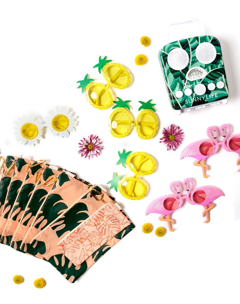 A beach party collection of items including sunglasses and more