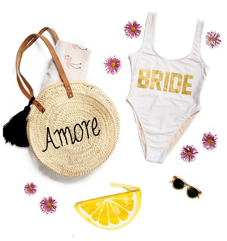 A collection of images including a straw purse, a white swimsuit, and sunglasses