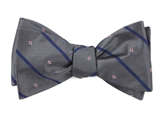grey bow tie with blue stripes