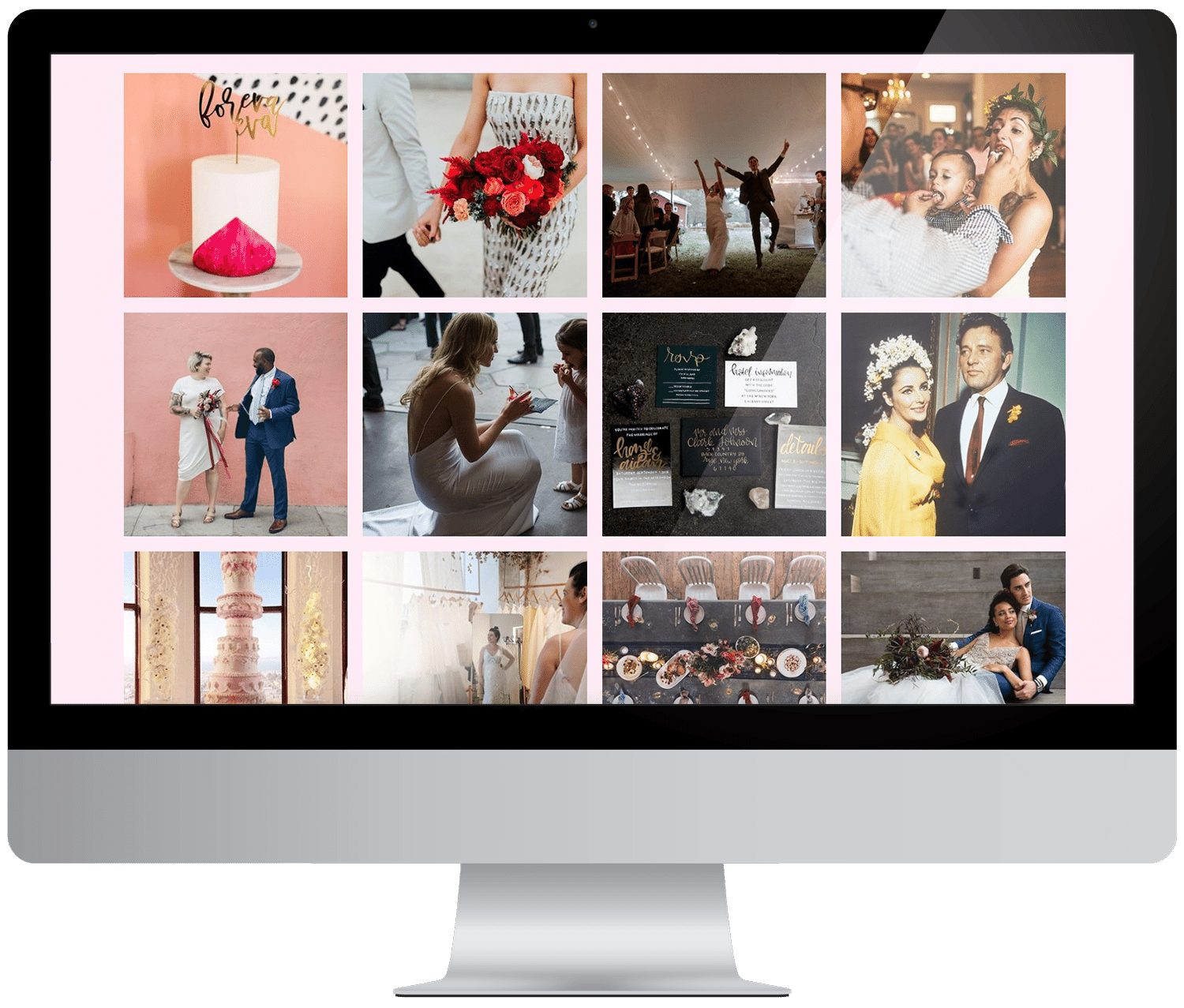 a computer screen featuring a screengrab of squarespace's instagram integration featuring wedding photos on a pink backdrop
