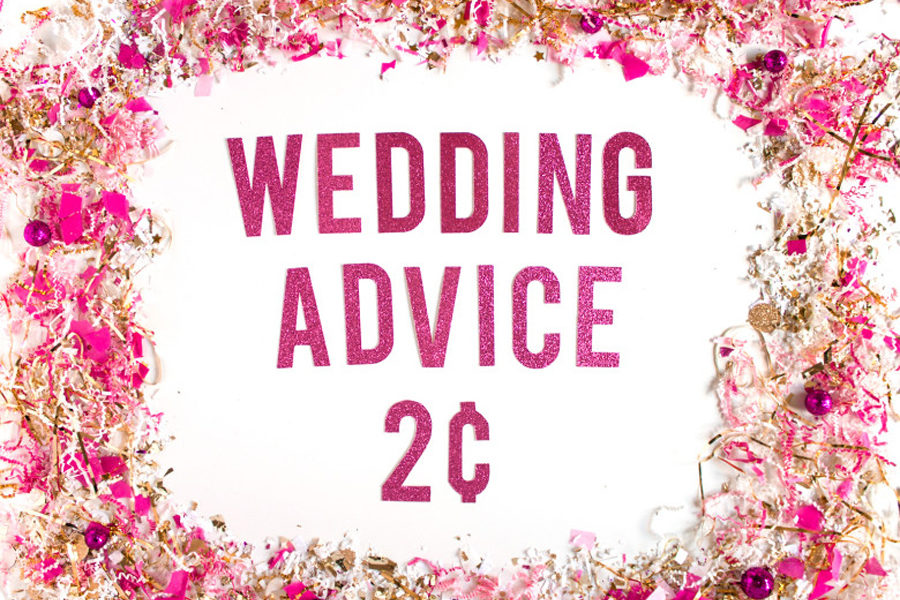 Pink confetti banner that reads "Wedding Advice Two Cents"