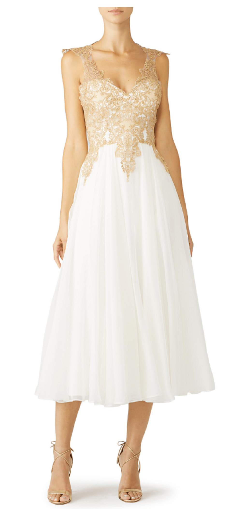 white dress with gold overlay top